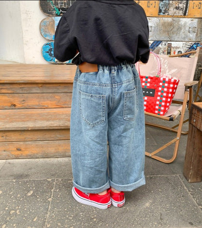 [507656] - Celana Panjang Jeans Kulot Oversize Anak Perempuan - Motif Tilt Button