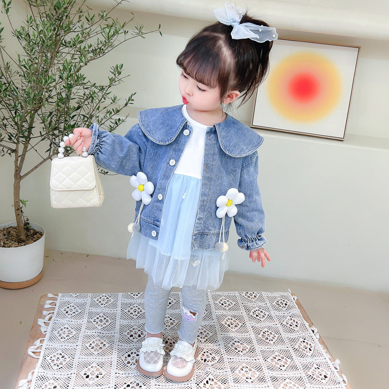 [340225] - 3D Setelan 3 in 1 Jaket Jeans Dress Celana Panjang Anak Perempuan - Motif Pretty Flower