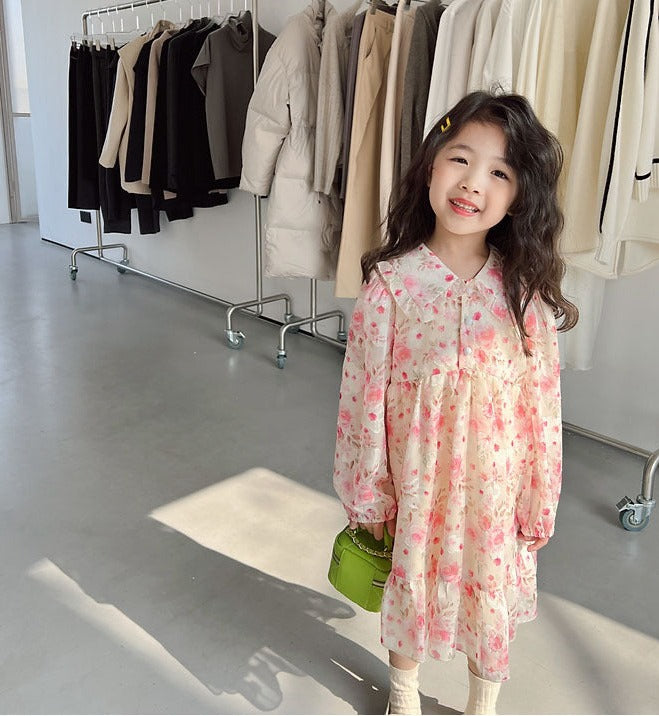 [507676] - Long Dress Lengan Panjang Anak Perempuan - Motif Faint Flower