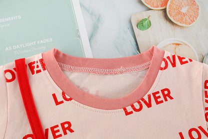 [340272] - Setelan Kaos 3D Bordir Import Celana Pendek Hotpants Jeans Rawis - Motif Love Strawberry