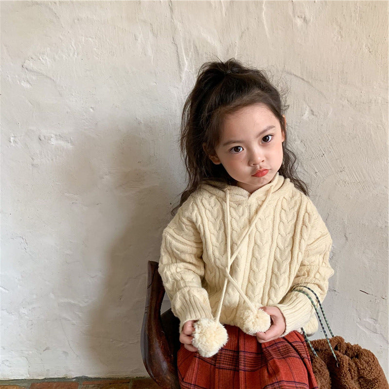 [507672] - Atasan Sweater Rajut Hoodie Anak Perempuan - Motif Big Pom Poms