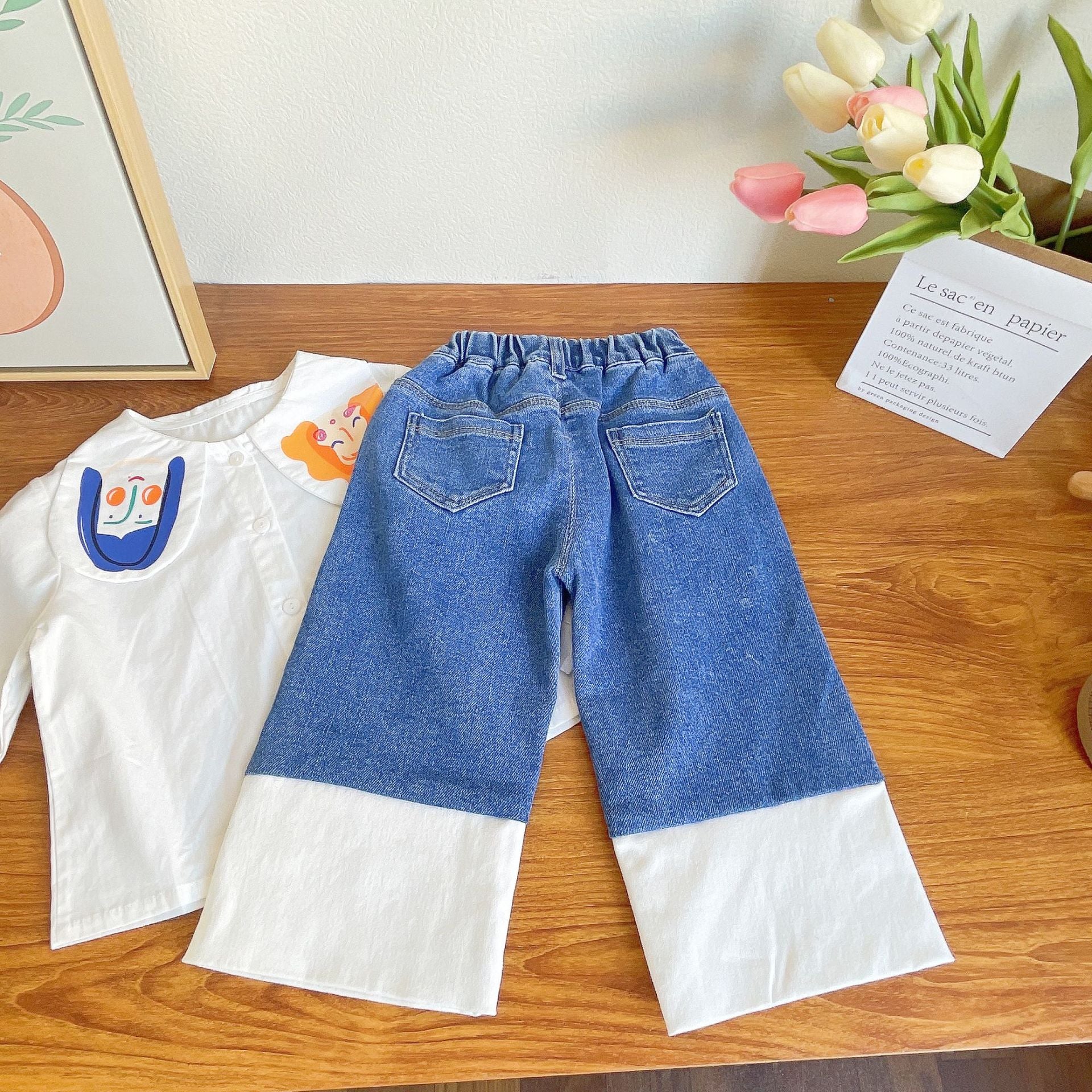 [363595] - Setelan Blouse Celana Panjang Jeans Kulot Anak Perempuan - Motif Flower Girl