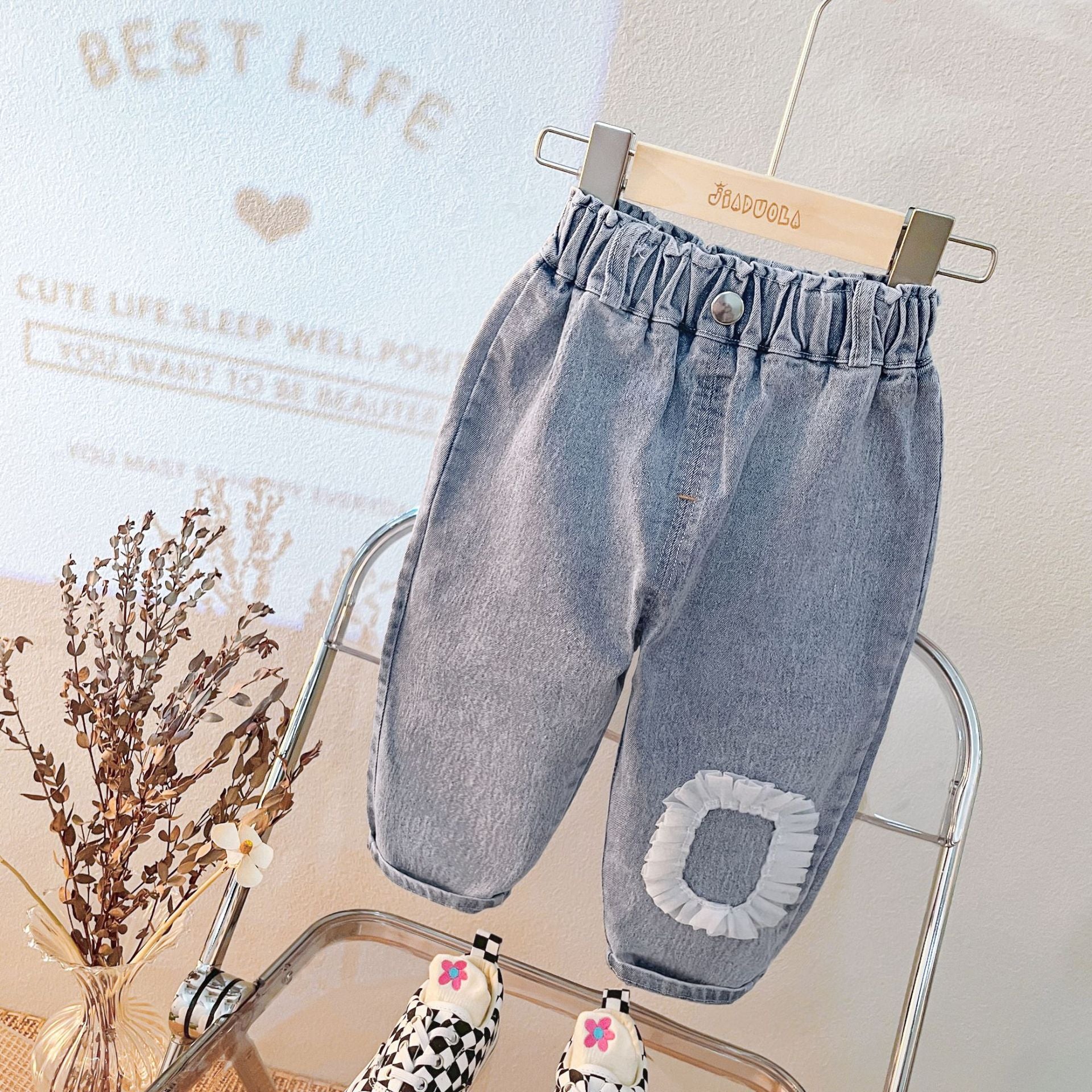 [340202] - Setelan 3 in 1 Jaket Hoodie Celana Jeans Anak Perempuan - Motif Rabbit Flower