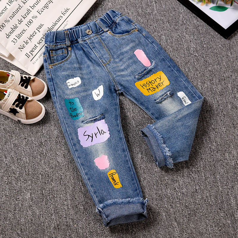 [508198] - Celana Panjang Jeans Sobek Tambal Anak Perempuan - Motif History Maker