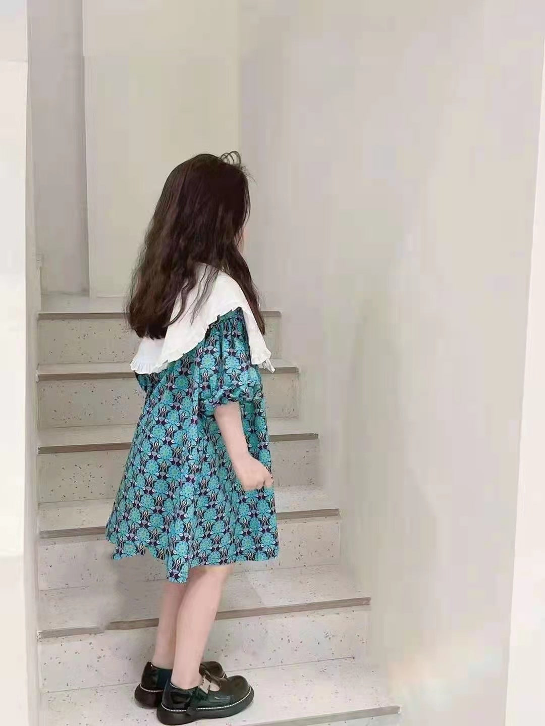[507666] - Dress Kerah Renda Balon Oversize Import Anak Perempuan - Motif Abstract Pattern