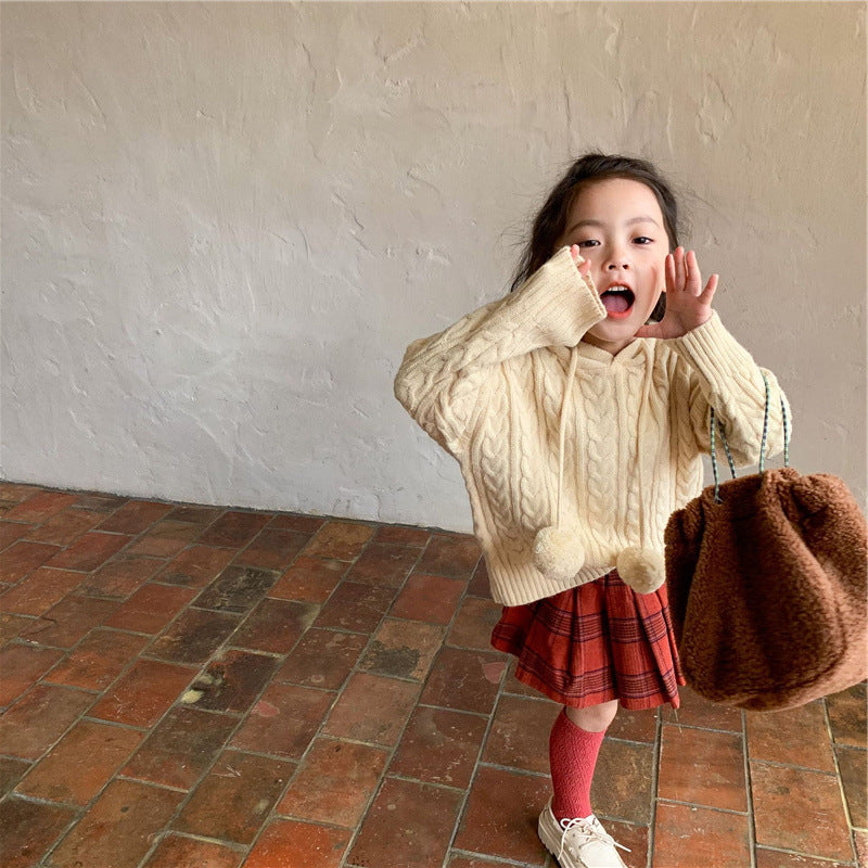 [507672] - Atasan Sweater Rajut Hoodie Anak Perempuan - Motif Big Pom Poms