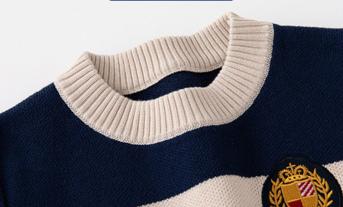 [513635] - Atasan Sweater Rajut Crewneck Bordir Import Anak Laki-Laki - Motif Strip Plain