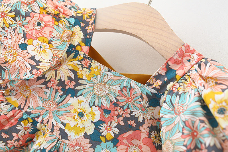 [340239] - Dress Bunga Lengan Pendek Balon Anak Perempuan - Motif Colorful Flower