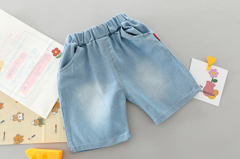 [345382] - Setelan Kemeja Celana Pendek Denim Anak Laki-Laki - Motif Little Bear