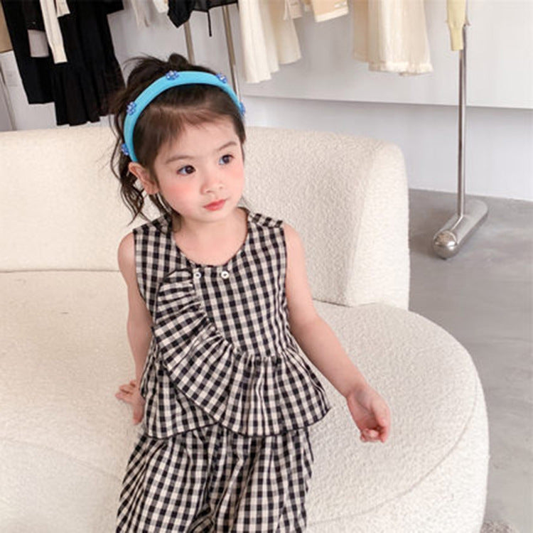 [507659] - Setelan Blouse Lengan Kutung Kotak-Kotak Anak Perempuan - Motif Balloon Pants