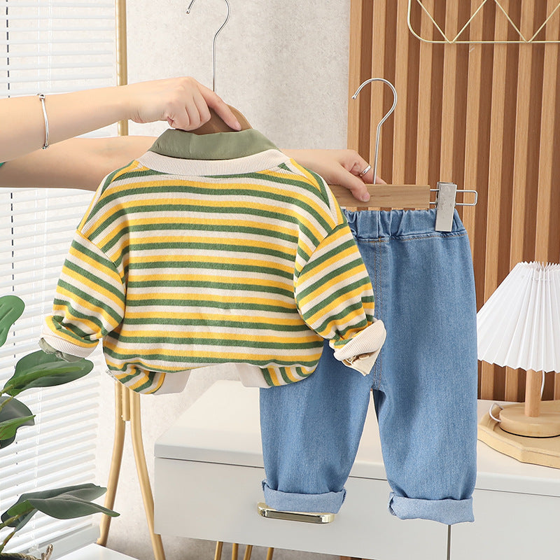 [345332] - Setelan 3 in 1 Cardigan Kemeja Celana Panjang Jeans Anak Laki-Laki - Motif Stare Dino
