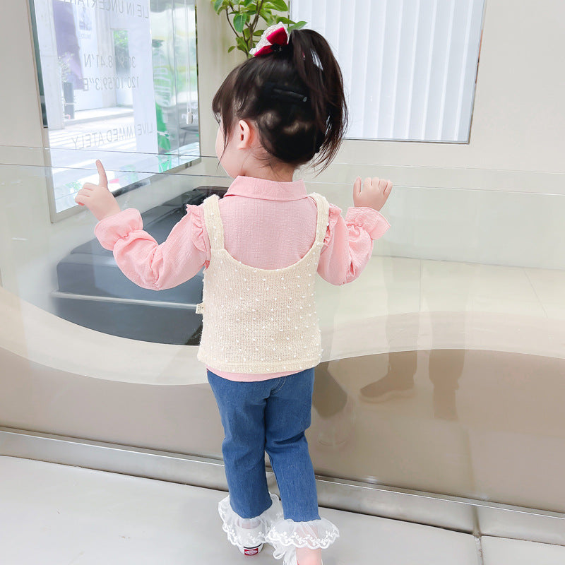 [340221] - Setelan 3 in 1 Blouse Rompi Celana Panjang Jeans Anak Perempuan - Motif Polka Flower