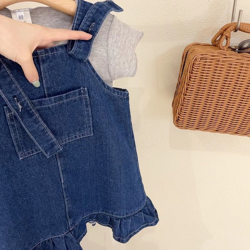 [363528] - Setelan Kaos Mix Overall Kodok Jeans Anak Perempuan - Motif Plain Casual
