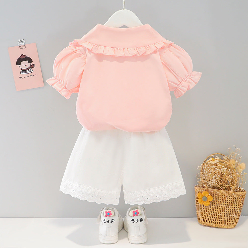 [340251] - Setelan Blouse Kancing Bordir Celana Pendek Anak Perempuan - Motif Fluffy Rabbit