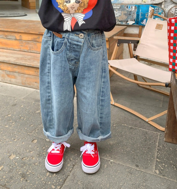 [507656] - Celana Panjang Jeans Kulot Oversize Anak Perempuan - Motif Tilt Button