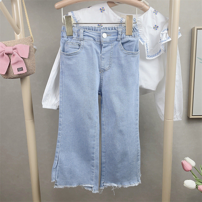 [363580] - Setelan Blouse Bordir Celana Jeans Kulot Rawis Anak Perempuan - Motif Knitted Lace