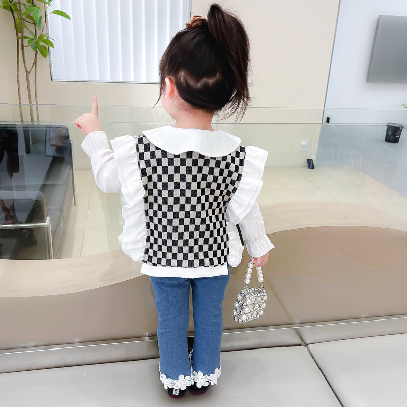 [340224] - Setelan 3 in 1 Blouse Rompi Rajut Celana Panjang Anak Perempuan - Motif Square Flower