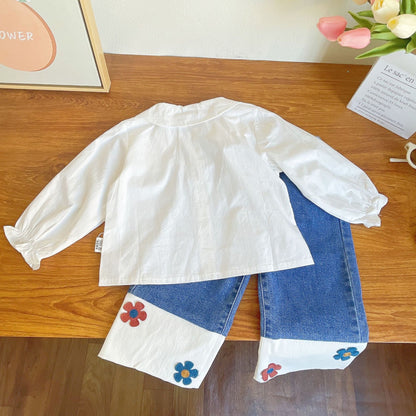 [363595] - Setelan Blouse Celana Panjang Jeans Kulot Anak Perempuan - Motif Flower Girl