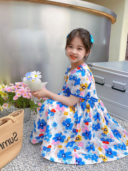 [507658] - Dress Bunga Lengan Pendek Import Anak Perempuan - Motif Flower Head