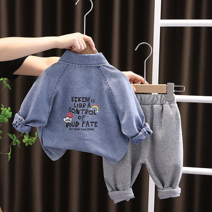 [345317] - Setelan Kemeja Denim Celana Panjang Jogger Anak Laki-Laki - Motif Plain Life