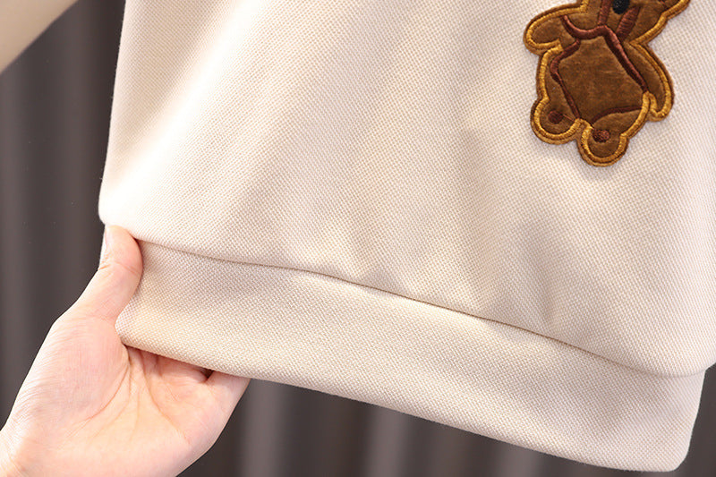 [345337] - Setelan Polo Kerah Bordir Lengan Panjang Celana Chino Anak Laki-Laki - Motif Plain Bear