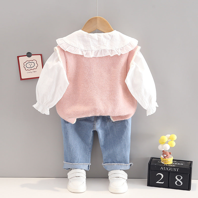 [352315] - Setelan 3 in 1 Blouse Rompi Celana Jeans Anak Perempuan - Motif Flower Stalk