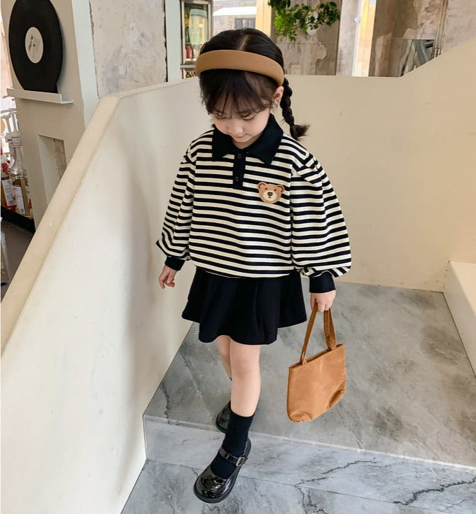 [363599] - Setelan Anak Cewek Baju Fashion Polo Kerah Bordir Bawahan Rok Anak Perempuan - Motif Line Bear