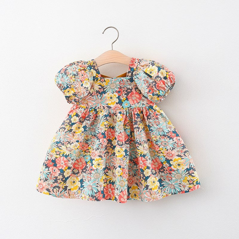 [340239] - Dress Bunga Lengan Pendek Balon Anak Perempuan - Motif Colorful Flower