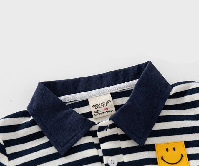 [513648] - Atasan Kaos Kerah Polo Lengan Panjang Anak Laki-Laki - Motif Striped Smile