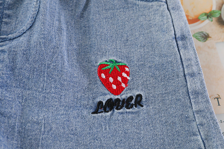 [340272] - Setelan Kaos 3D Bordir Celana Pendek Hotpants Jeans Rawis - Motif Love Strawberry