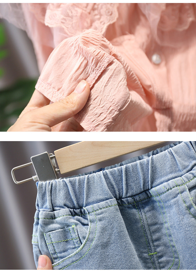 [363562] - Oneset Korea Look Setelan Blouse Ruffle Celana Panjang Jeans Anak Perempuan - Motif Smooth Waves [Baju Kain Tipis Menerawang]