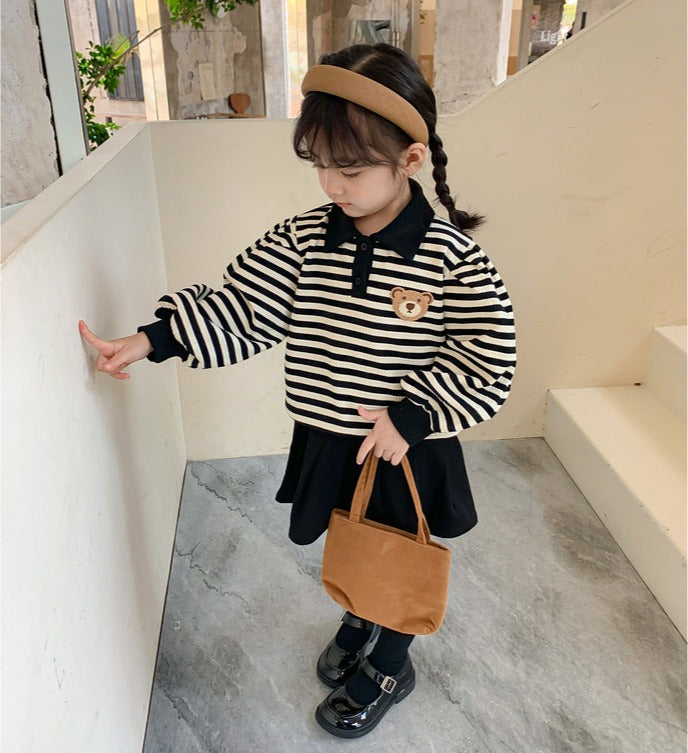 [363599] - Setelan Anak Cewek Baju Fashion Polo Kerah Bordir Bawahan Rok Anak Perempuan - Motif Line Bear