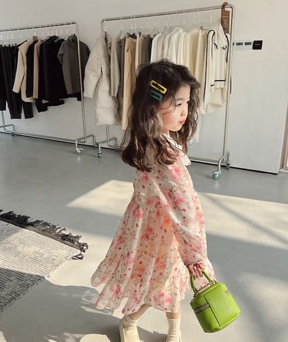 [507676] - Long Dress Lengan Panjang Import Anak Perempuan - Motif Faint Flower