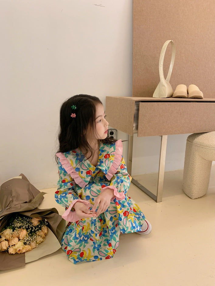 [507691] - Dress Kerah Lengan Panjang Anak Perempuan - Motif Fruit Flowers