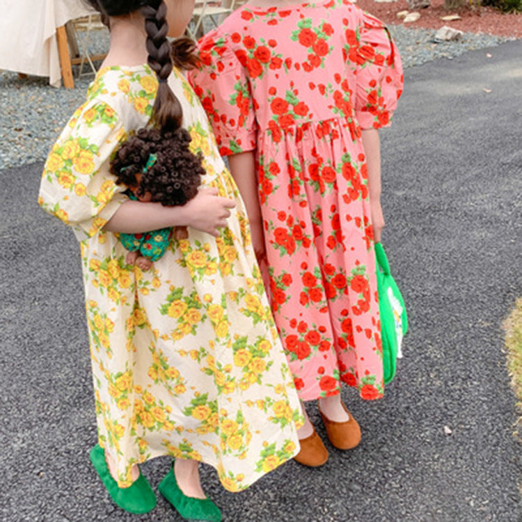 [507708] - Long Dress Lengan Pendek Anak Perempuan - Motif Flower Tie
