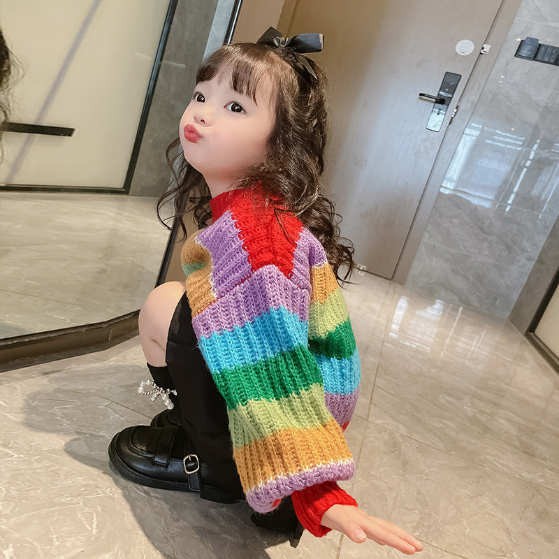 [507730] - Atasan Sweater Rajut Oversize Import Anak Perempuan - Motif Knitting Rainbow