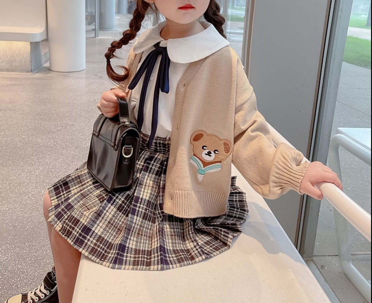 [507723] - Setelan Jaket Cardigan Rok Pendek Anak Perempuan - Motif Bear Tie