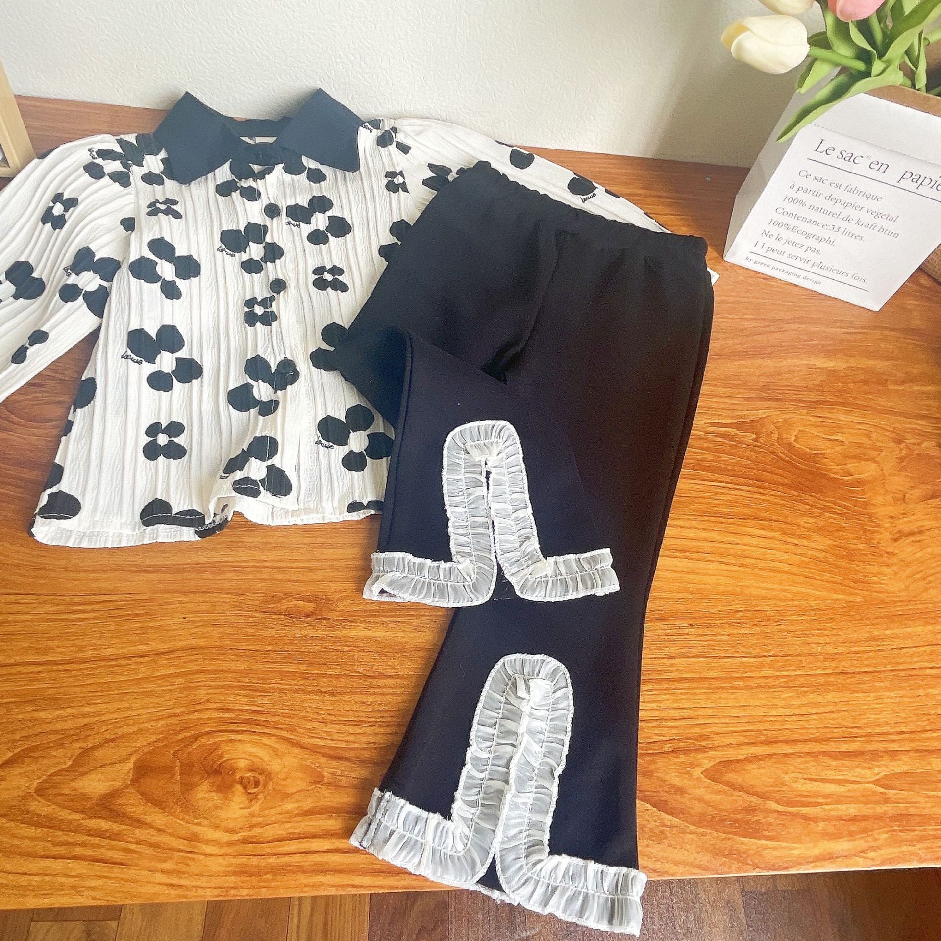 [363592] - Oneset Korea Anak Cewek Setelan Polo Blouse Celana Panjang Cutbray Anak Perempuan - Motif Flower Petals