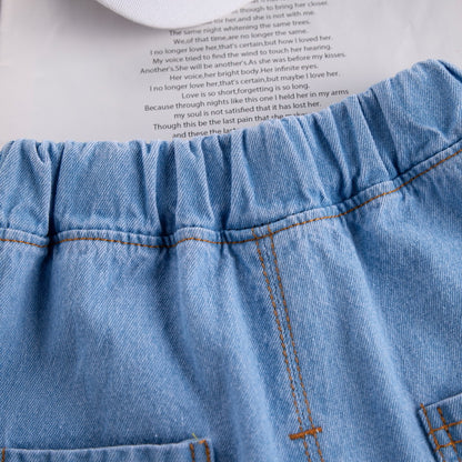 [345368] - Setelan Kaos Garis-Garis Celana Pendek Jeans Import Anak Laki-Laki - Motif Animal Cute