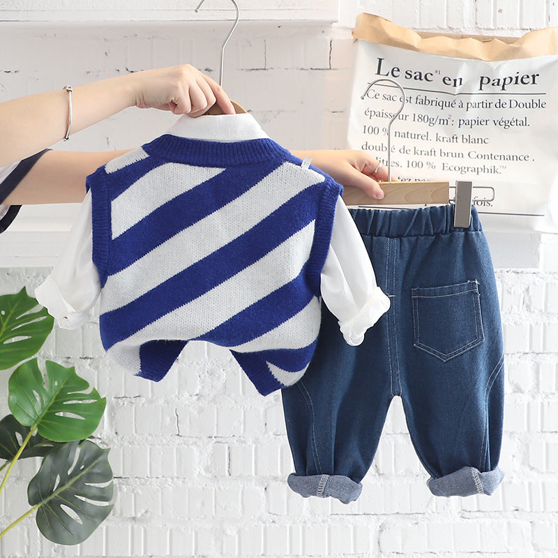 [345357] - Setelan Kemeja Sweater Rajut Celana Jeans Anak Laki-Laki - Motif Neat Stripped