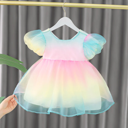 [340233] - Dress Pelangi Tutu Import Lengan Pendek Anak Perempuan - Motif Colorful Dew