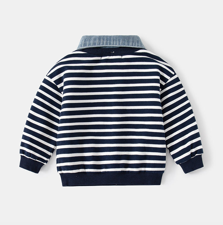 [513642] - Atasan Sweater Kerah Polo Belang-Belang Anak Laki-Laki - Motif Strip Lion