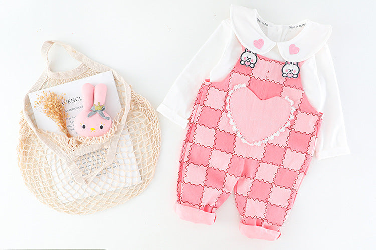 [340213] - Setelan Blouse Bordir Overall Kodok Anak Perempuan - Motif Love Rabbit