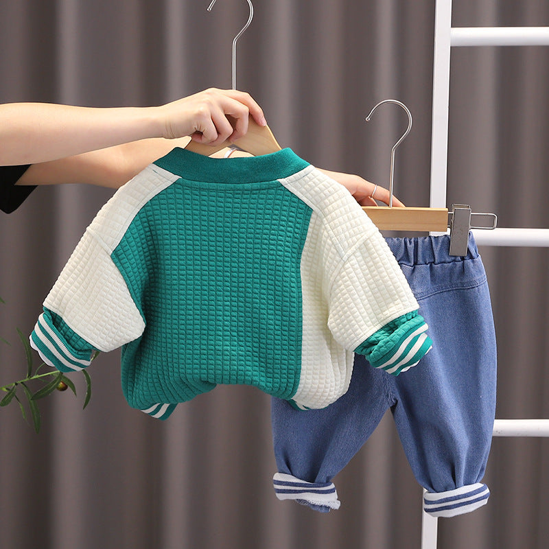 [345335] - Setelan 3 in 1 Jaket Baseball Celana Jogger Jeans Anak Laki-Laki - Motif Alphabet B