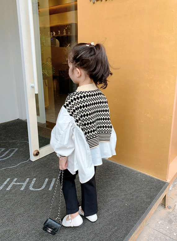 [363557] - Oneset Anak Cewek Korea Elegan Look Setelan Blouse Rajut Balon Sweater Celana Panjang Cutbray Anak Perempuan - Motif Diamond Line