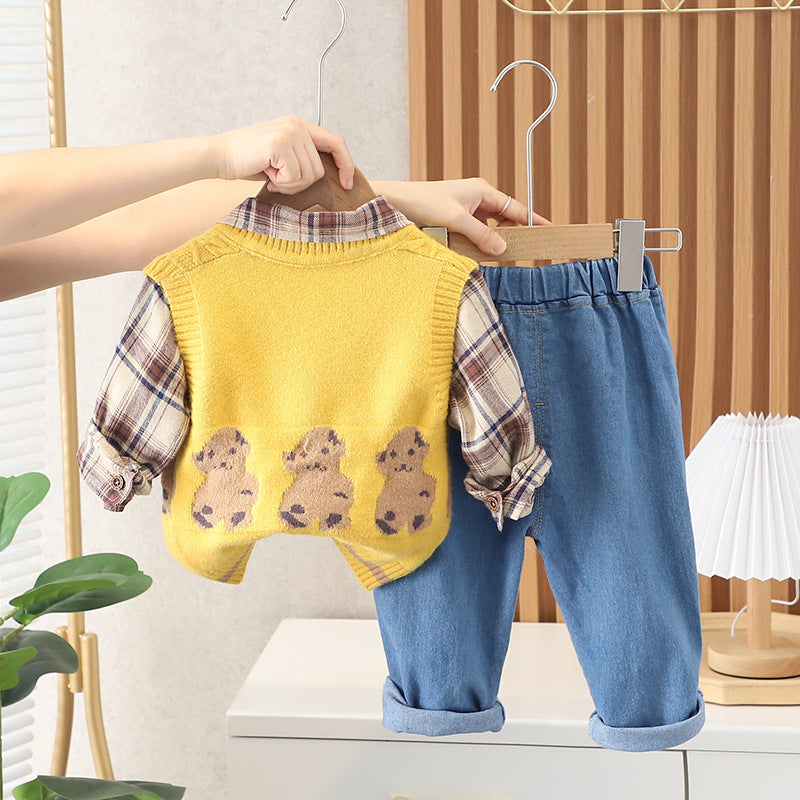 [345327] - Setelan 3 in 1 Rompi Rajut Kemeja Celana Panjang Anak Laki-Laki - Motif Little Bear