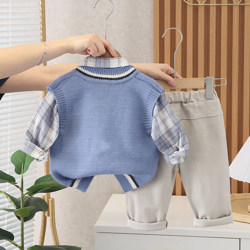 [345329] - Setelan Rompi Rajut Kemeja Celana Panjang Chino Anak Laki-Laki - Motif Lace Pattern