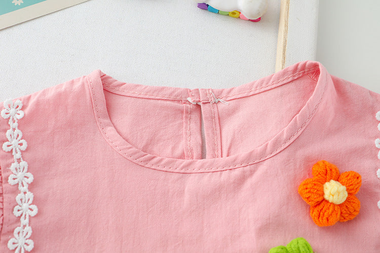 [340211] - Setelan 3D Blouse Renda Celana Cutbray Anak Perempuan - Motif Pretty Flower