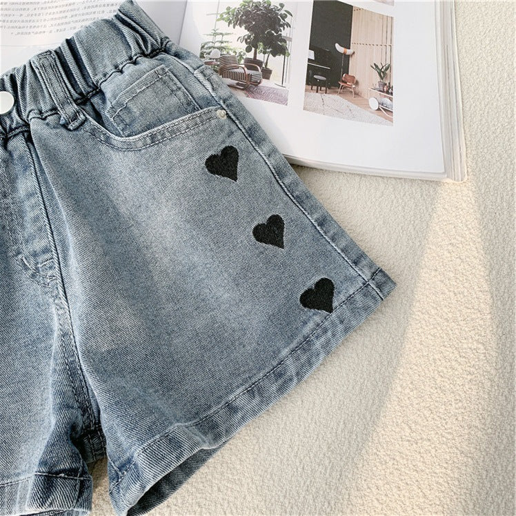 [508202] - Celana Pendek Jeans Shortpants Anak Perempuan - Motif Black Heart