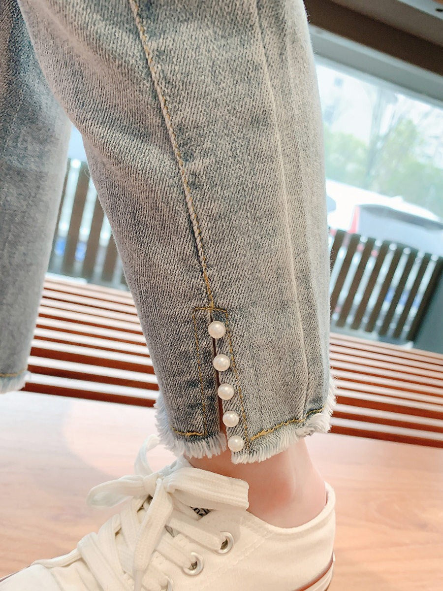 [508203] - Celana Panjang Jeans Pensil Rawis Mutiara Anak Perempuan - Motif Little Pearl